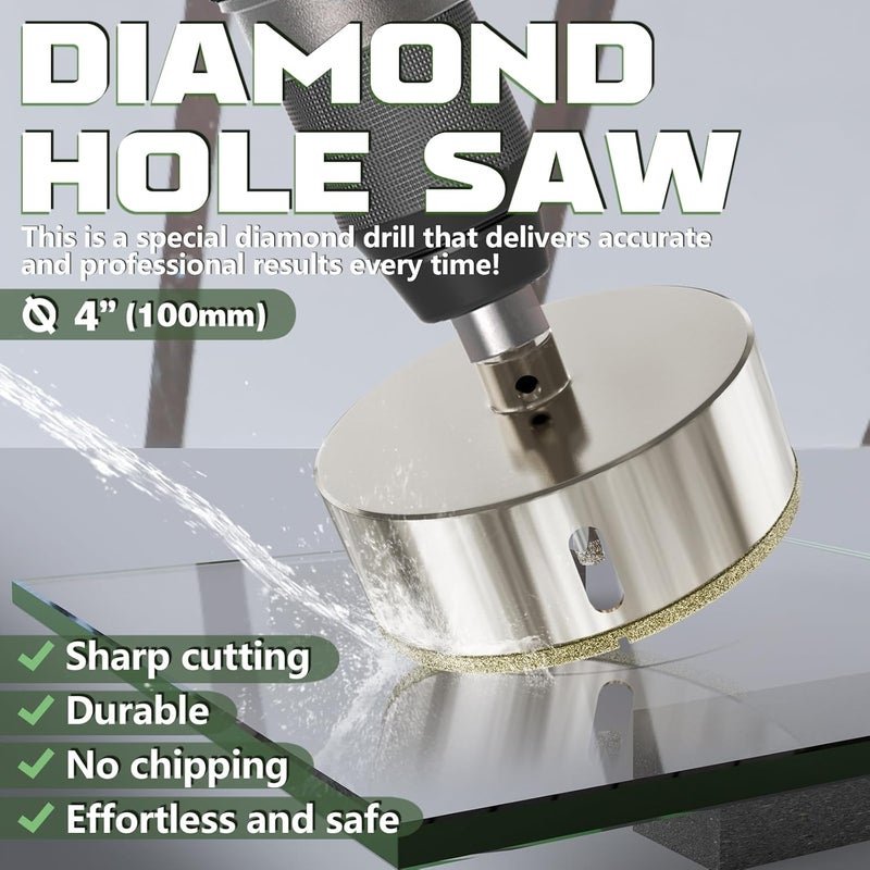 CSOOM 4"(100mm) Diamond Hole Saw with Center Drill Bit, One-Touch Positioning, Easy to Penetrate Hard Materials Such as Ceramic, Tile, Glass, Granite, Marble, etc. - Image 3